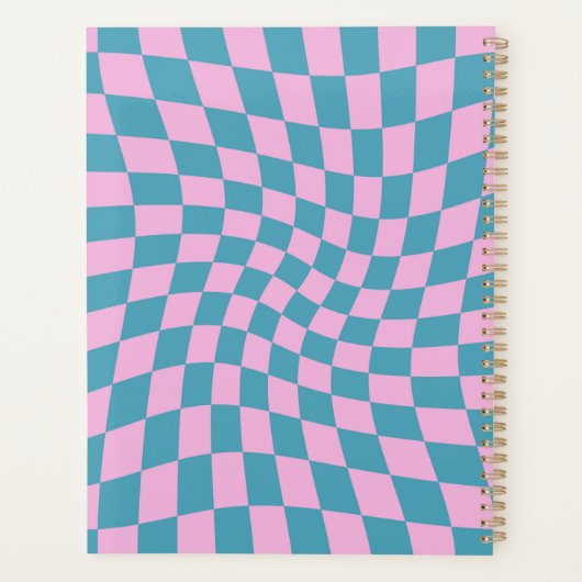 Retro Blue Pink Warped Checkerboard Checked Planer (Rückseite)