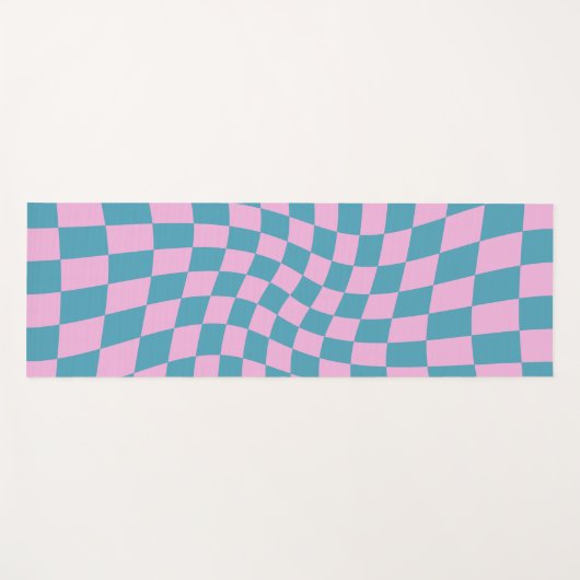 Retro Blue Pink Warped Checkerboard Checked Yogamatte (Vorderseite (Horizontal))