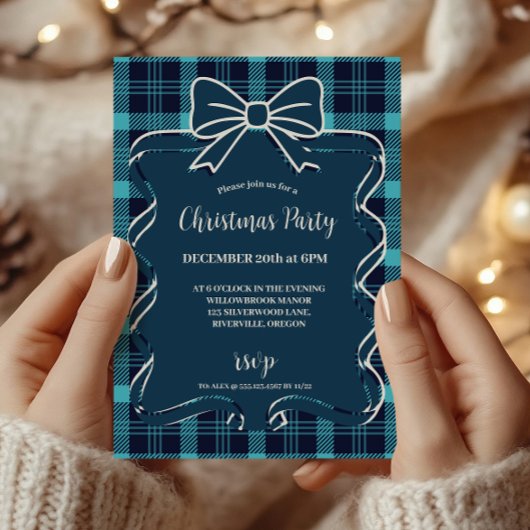 Retro Blue Plaid Whimsical Christmas Einladung