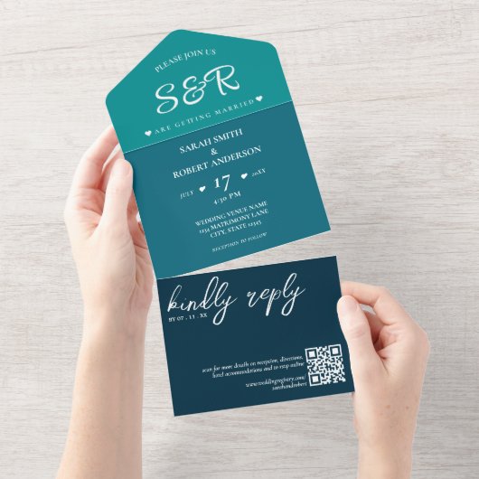 Retro Blue QR Code Wedding All In One Einladung (Abreißen)