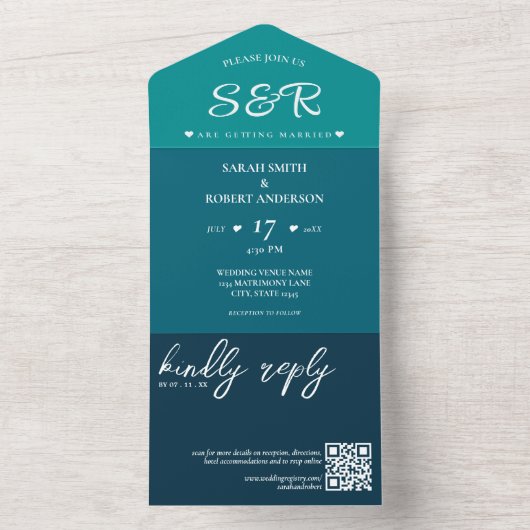 Retro Blue QR Code Wedding All In One Einladung (Innen Boden)
