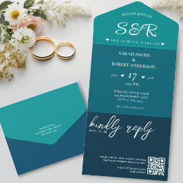 Retro Blue QR Code Wedding All In One Einladung