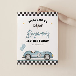 Retro Blue Race Car Fast Ein Geburtstag Willkommen Poster