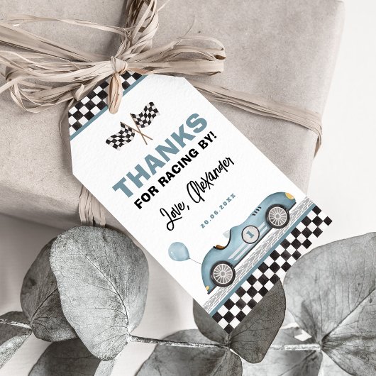 Retro Blue Race Car Fast One Boy Birthday Favorite Geschenkanhänger