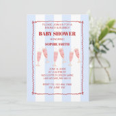 Retro Blue Red Border Brunch & Bubbly Babydusche Einladung (Stehend Vorderseite)