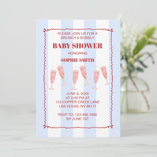 Retro Blue Red Border Brunch & Bubbly Babydusche Einladung (Stehend Vorderseite)