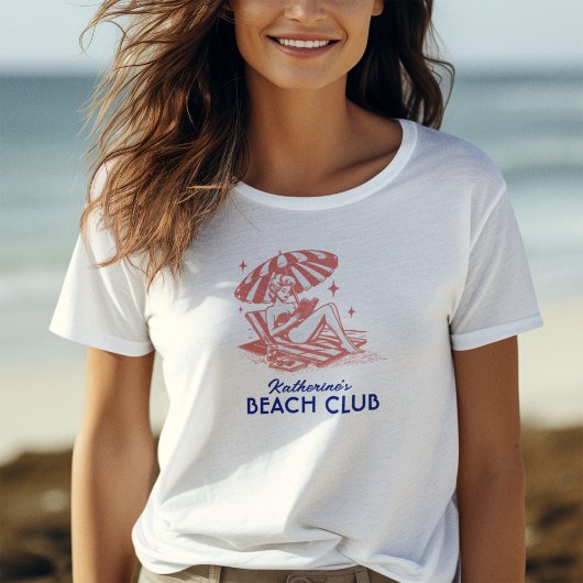 Retro Blue Red Summer Reading Beach Club T-Shirt