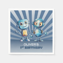 Retro Blue Robot Thema 1. Geburtstag Serviette
