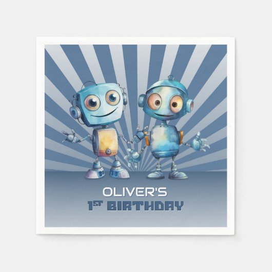 Retro Blue Robot Thema 1. Geburtstag Serviette (Vorderseite)