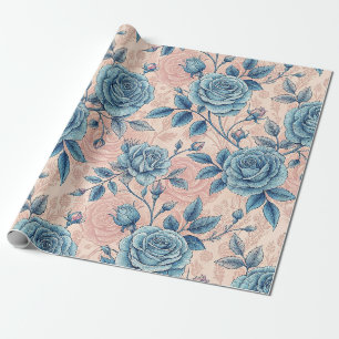 Retro Blue Rose Muster auf weichrosa Hintergrund Geschenkpapier