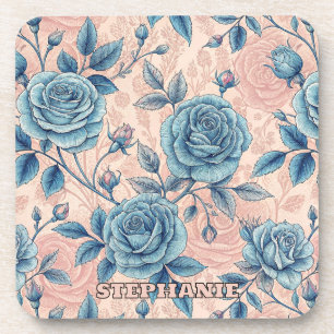 Retro Blue Rose Muster auf weichrosa Hintergrund Getränkeuntersetzer