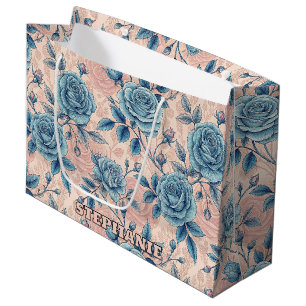 Retro Blue Rose Muster auf weichrosa Hintergrund Große Geschenktüte