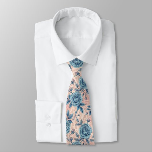 Retro Blue Rose Muster auf weichrosa Hintergrund Krawatte (Gebunden)
