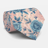 Retro Blue Rose Muster auf weichrosa Hintergrund Krawatte (Gerollt)