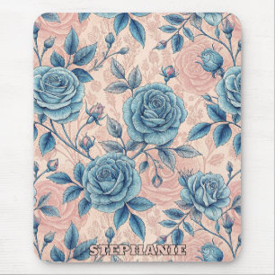 Retro Blue Rose Muster auf weichrosa Hintergrund Mousepad