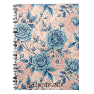 Retro Blue Rose Muster auf weichrosa Hintergrund Notizblock