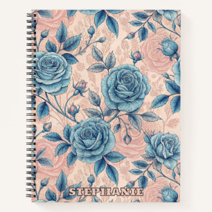 Retro Blue Rose Muster auf weichrosa Hintergrund Notizblock