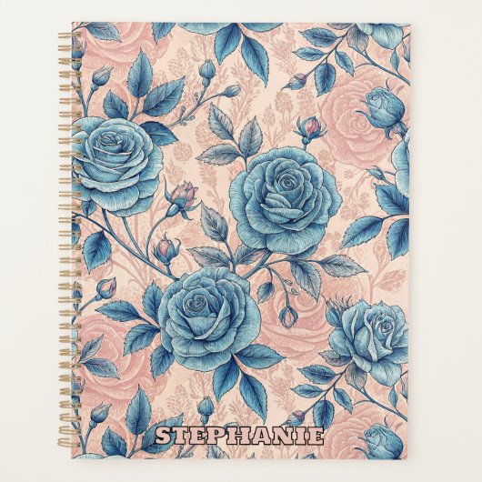 Retro Blue Rose Muster auf weichrosa Hintergrund Planer (Vorderseite)