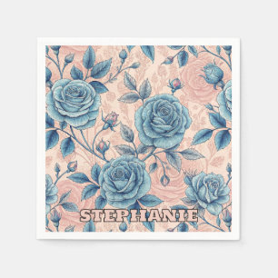 Retro Blue Rose Muster auf weichrosa Hintergrund Serviette