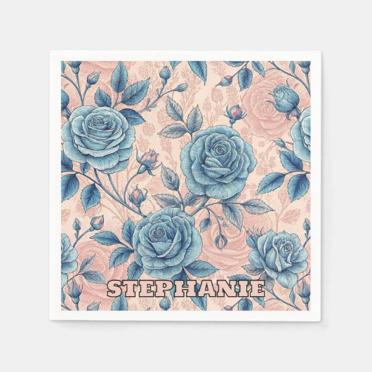 Retro Blue Rose Muster auf weichrosa Hintergrund Serviette (Vorderseite)