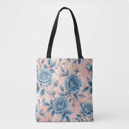 Retro Blue Rose Muster auf weichrosa Hintergrund Tasche (Vorderseite)