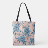 Retro Blue Rose Muster auf weichrosa Hintergrund Tasche (Rückseite)
