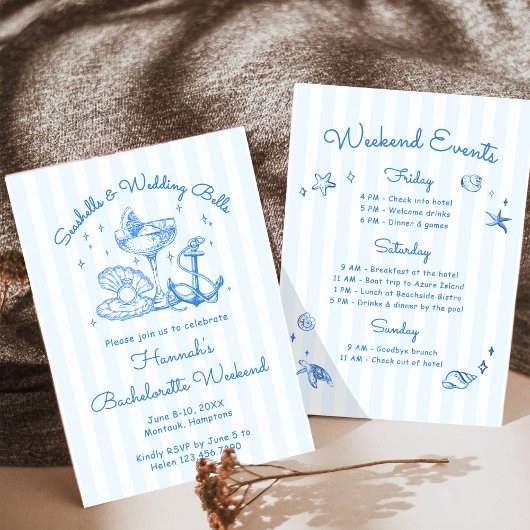 Retro Blue Seashells & Wedding Bells Bachelorette Einladung