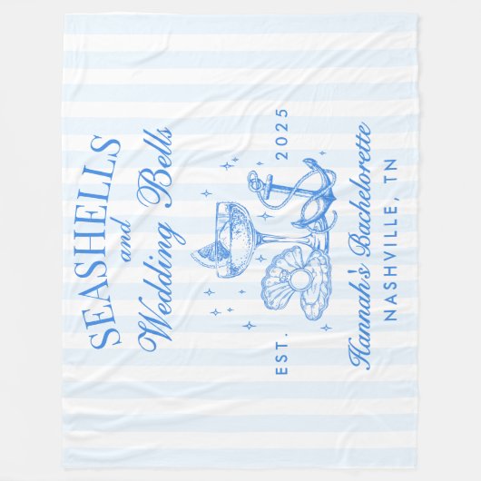Retro Blue Seashells & Wedding Bells Bachelorette Fleecedecke (Vorderseite)