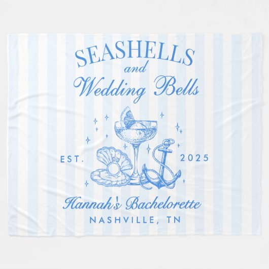 Retro Blue Seashells & Wedding Bells Bachelorette Fleecedecke (Vorderseite (Horizontal))