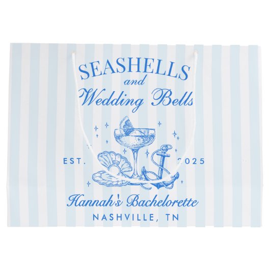 Retro Blue Seashells & Wedding Bells Bachelorette Große Geschenktüte (Rückseite)