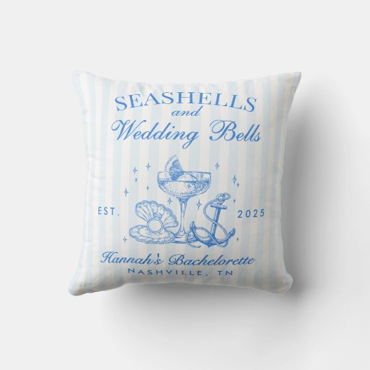 Retro Blue Seashells & Wedding Bells Bachelorette Kissen (Rückseite)