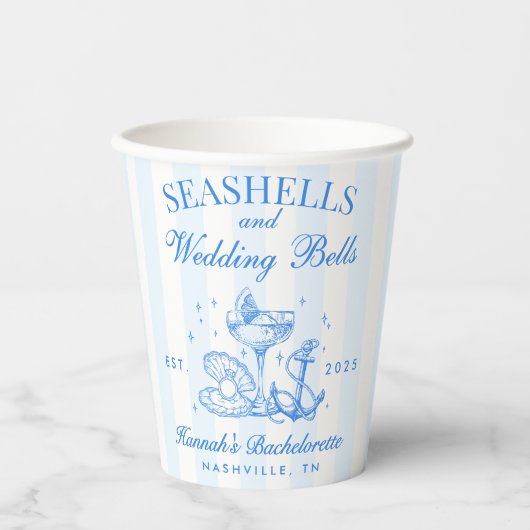 Retro Blue Seashells & Wedding Bells Bachelorette Pappbecher (Vorderseite)