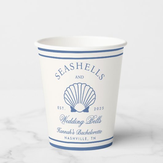 Retro Blue Seashells & Wedding Bells Bachelorette Pappbecher (Vorderseite)