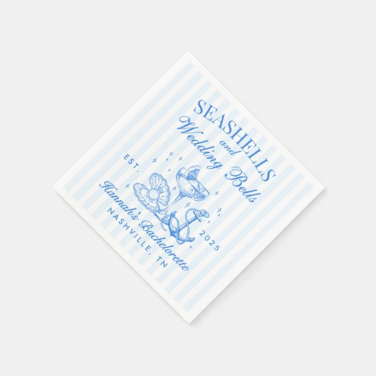 Retro Blue Seashells & Wedding Bells Bachelorette Serviette (Ecke)