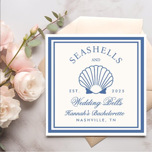 Retro Blue Seashells & Wedding Bells Bachelorette Serviette