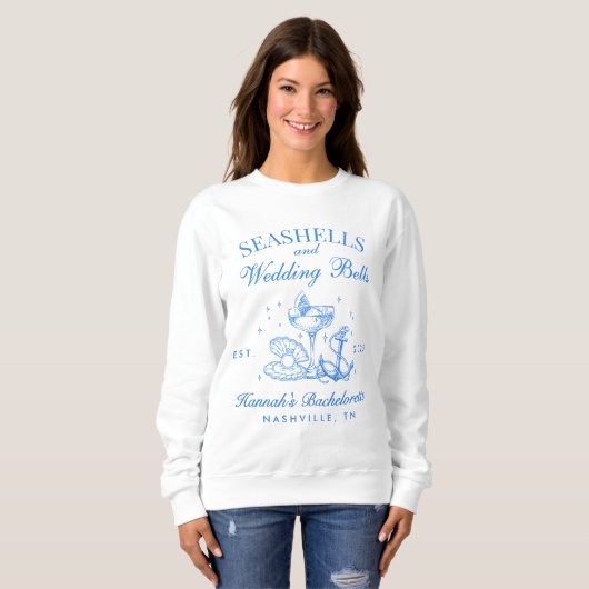 Retro Blue Seashells & Wedding Bells Bachelorette Sweatshirt (Vorne ganz)