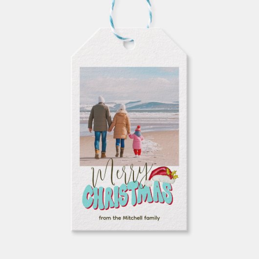 Retro Blue Simple Foto Festival Frohe Weihnachten Geschenkanhänger (Vorderseite)