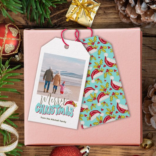 Retro Blue Simple Foto Festival Frohe Weihnachten Geschenkanhänger