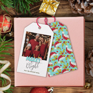 Retro Blue Simple Foto Merry Bright Christmas Geschenkanhänger