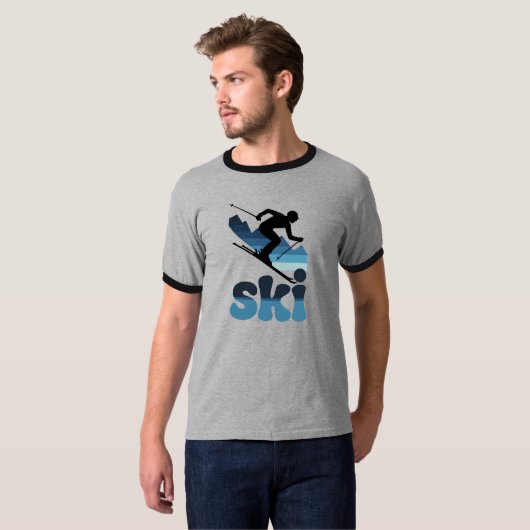 Retro Blue Ski T-Shirt – Modern 70s Style Skiing T (Vorne ganz)