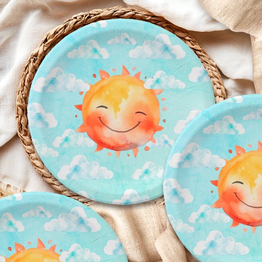 Retro Blue Sky Boho Happy Sunshine Baby Shower Pappteller
