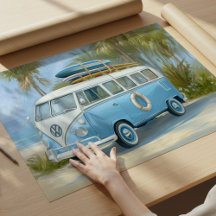 Retro Blue Surf VW Van Coastal Wall Art | Poster