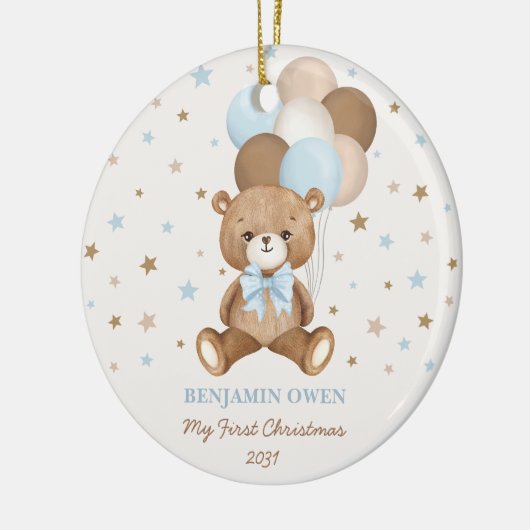 Retro Blue Teddy Bear Balloons Baby 1. Weihnachten Keramik Ornament (Links)
