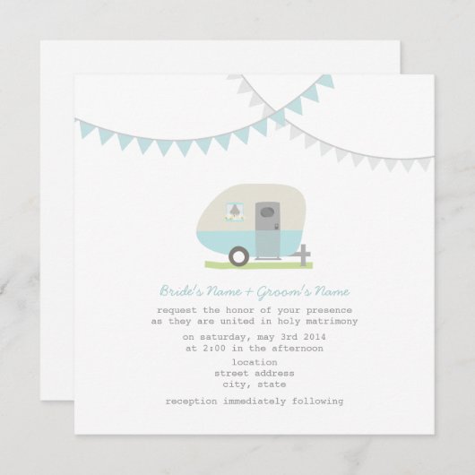 Retro Blue Trailer Hochzeit Einladung (Vorne/Hinten)