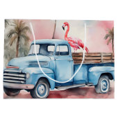 Retro Blue Truck mit Flamingo Große Geschenktüte (Rückseite)