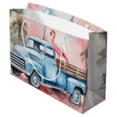 Retro Blue Truck mit Flamingo Große Geschenktüte (Rückseite Schrägansicht)