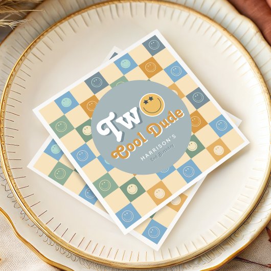 Retro Blue Two Cool Dude Boys 2nd Birthday Serviette