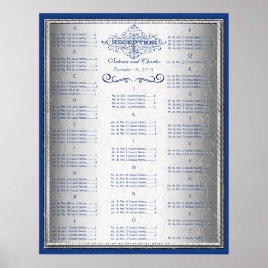 Retro Blue und Silver Wedding Guest Seating Chart Poster (Vorne)