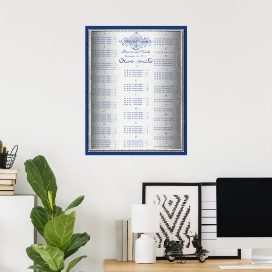 Retro Blue und Silver Wedding Guest Seating Chart Poster (Heimbüro)
