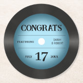Retro Blue Vinyl Record Hochzeitsgratulation Runder Pappuntersetzer (Vorderseite)